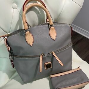 Dooney and Bourke Gray Leather Tote with Neutral Trims and coin bag